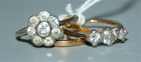 22ct gold wedding ring, 18ct gold and diamond cluster ring & a 3-stone diamond ring (unmarked)